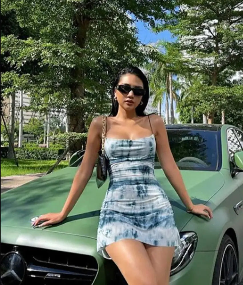 Hnewly Summer Fashion Knitting Sling Dress Women Sleeveless Sexy Side Drawstring Casual Printing