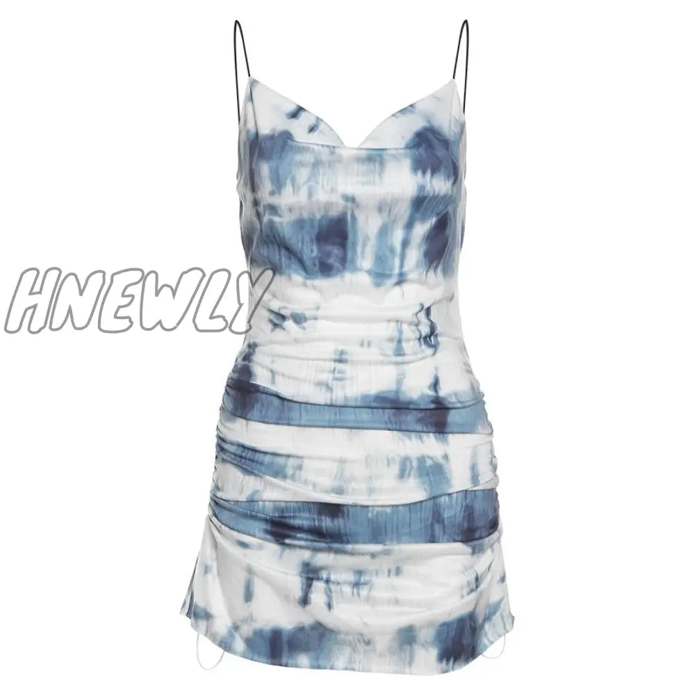 Hnewly Summer Fashion Knitting Sling Dress Women Sleeveless Sexy Side Drawstring Casual Printing