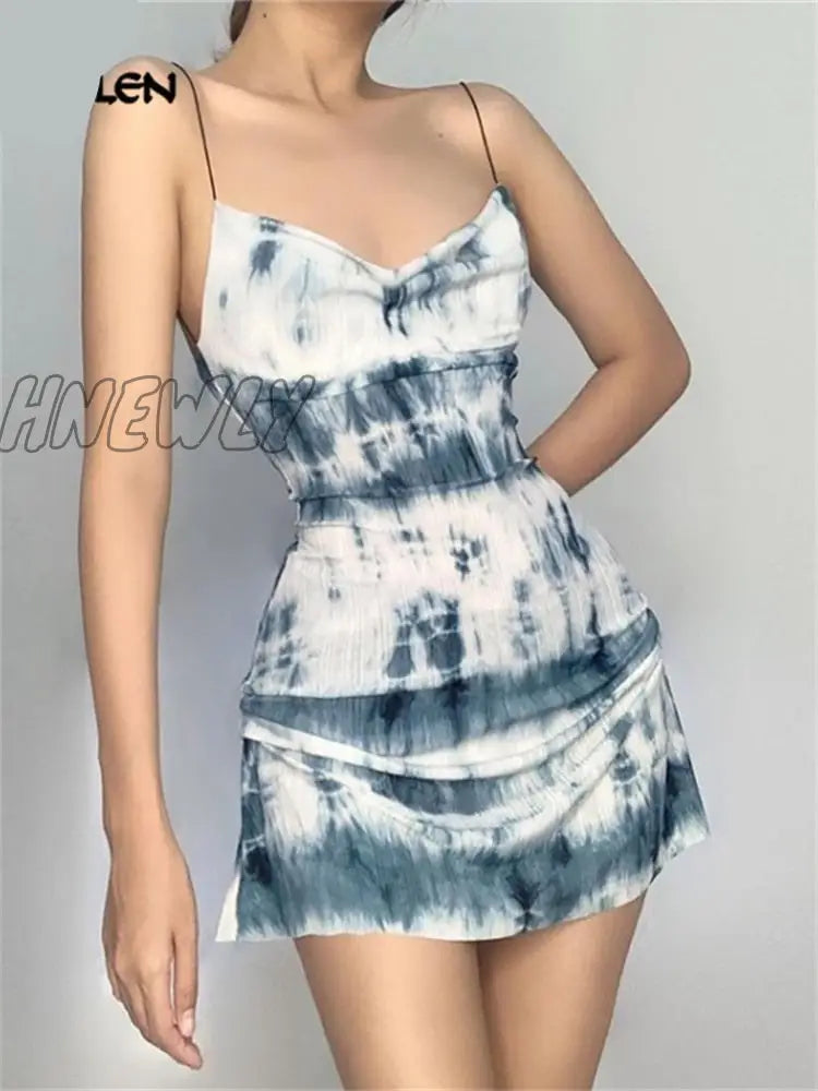 Hnewly Summer Fashion Knitting Sling Dress Women Sleeveless Sexy Side Drawstring Casual Printing