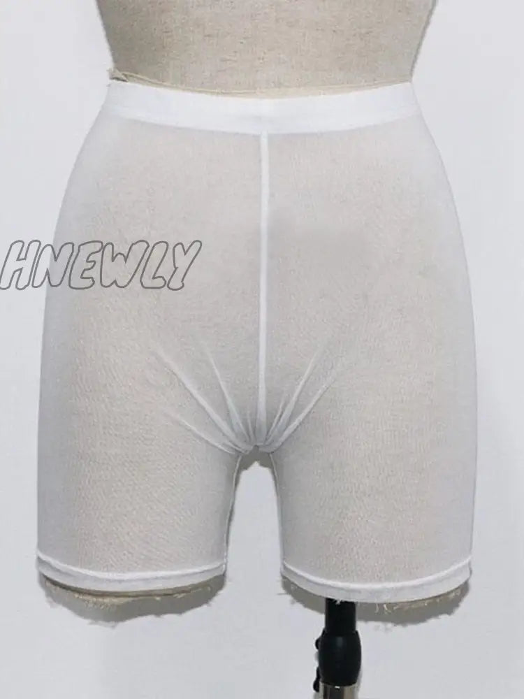 Hnewly Summer Fashion Yellow Mesh Transaparent Sexy Women Casual Shorts Ladies High Waist White / S