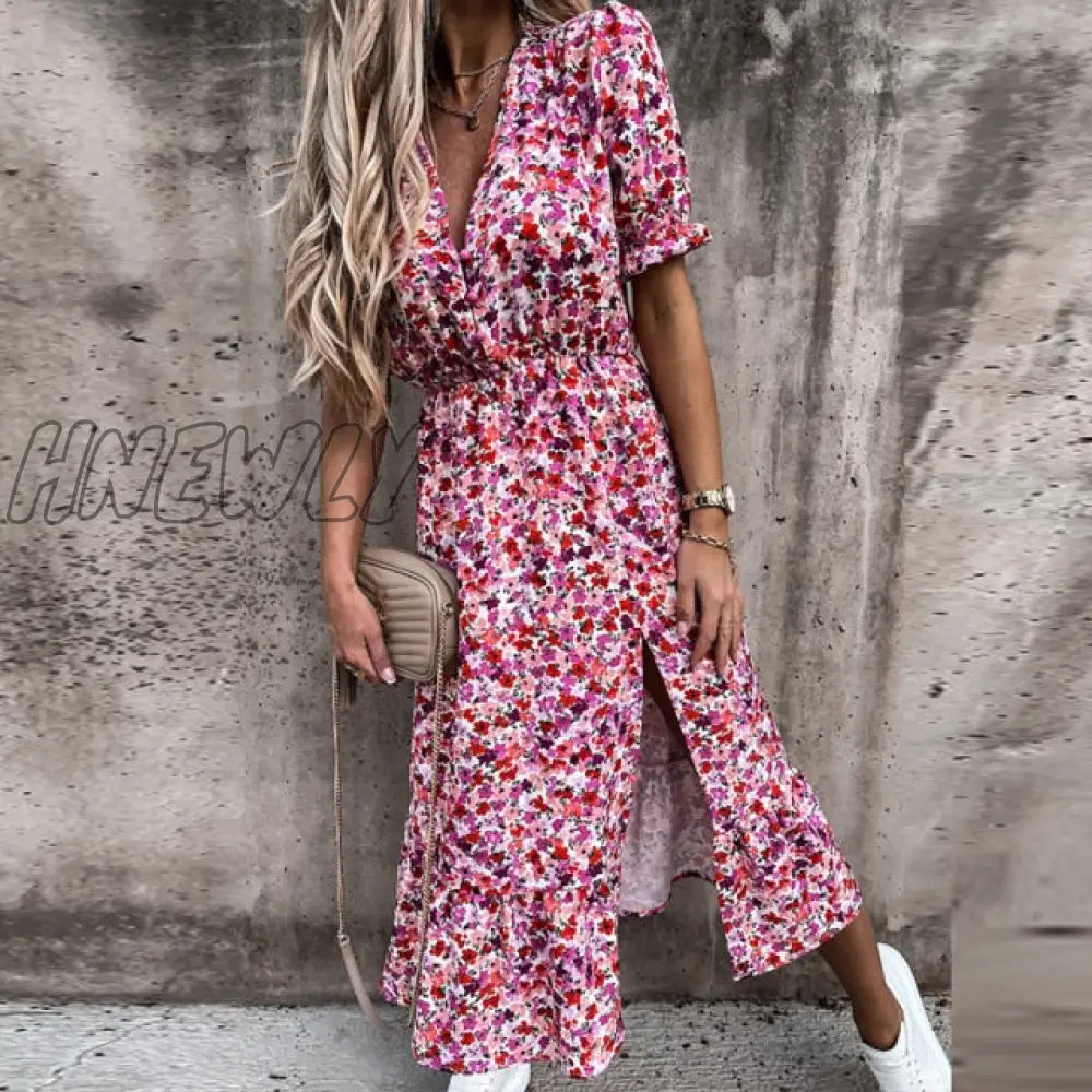 Hnewly Summer Floral Print Dress Women V Neck Side Slit Long Elegant Short Sleeve Button Slim