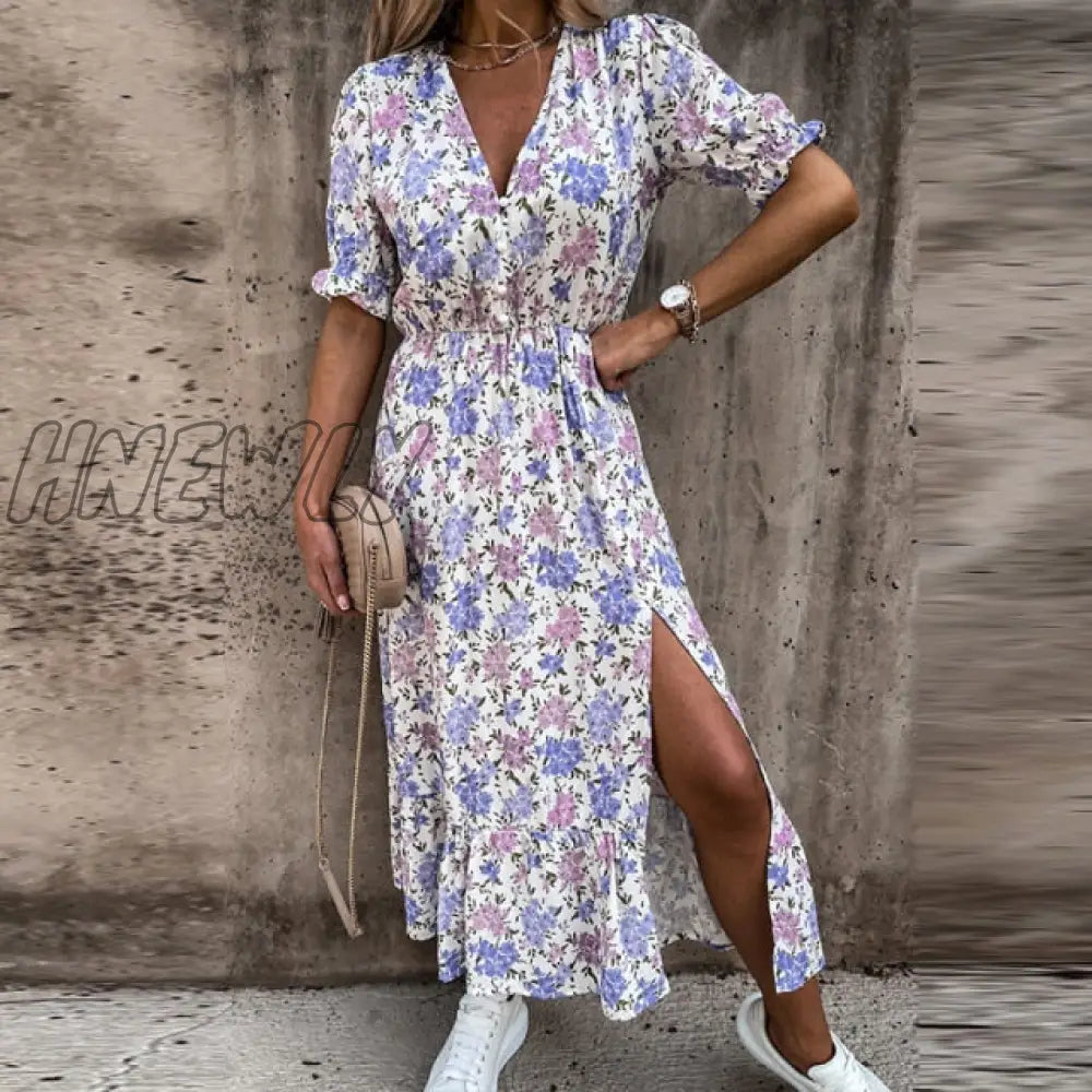 Hnewly Summer Floral Print Dress Women V Neck Side Slit Long Elegant Short Sleeve Button Slim