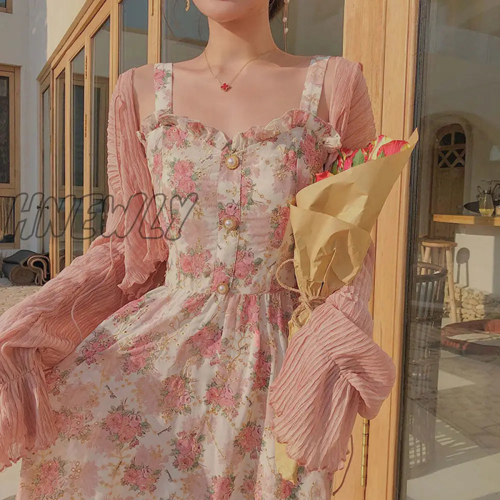 Hnewly Summer French Sweet Fairy Dress Women Elegant Pearl Button Floral Print Ruffles Party Female