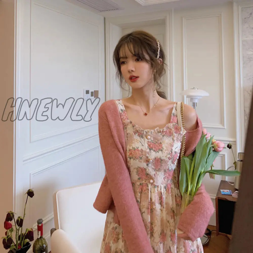 Hnewly Summer French Sweet Fairy Dress Women Elegant Pearl Button Floral Print Ruffles Party Female