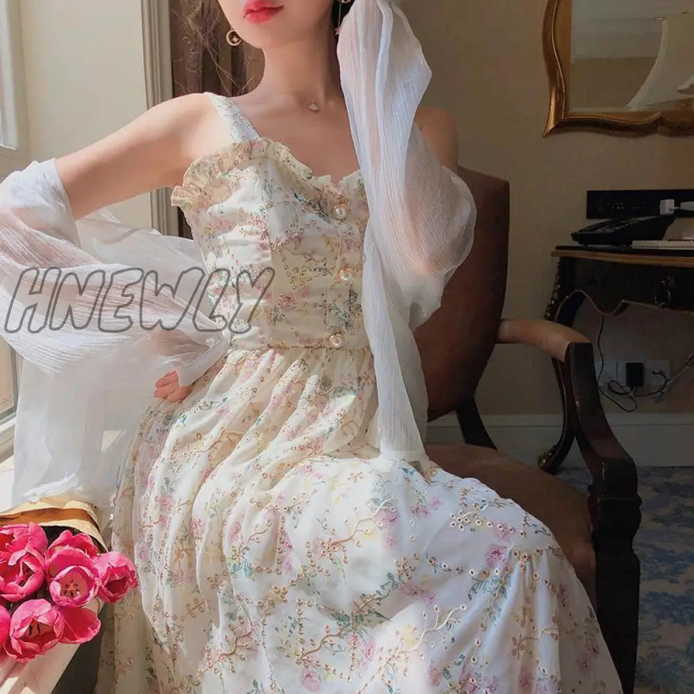 Hnewly Summer French Sweet Fairy Dress Women Elegant Pearl Button Floral Print Ruffles Party Female