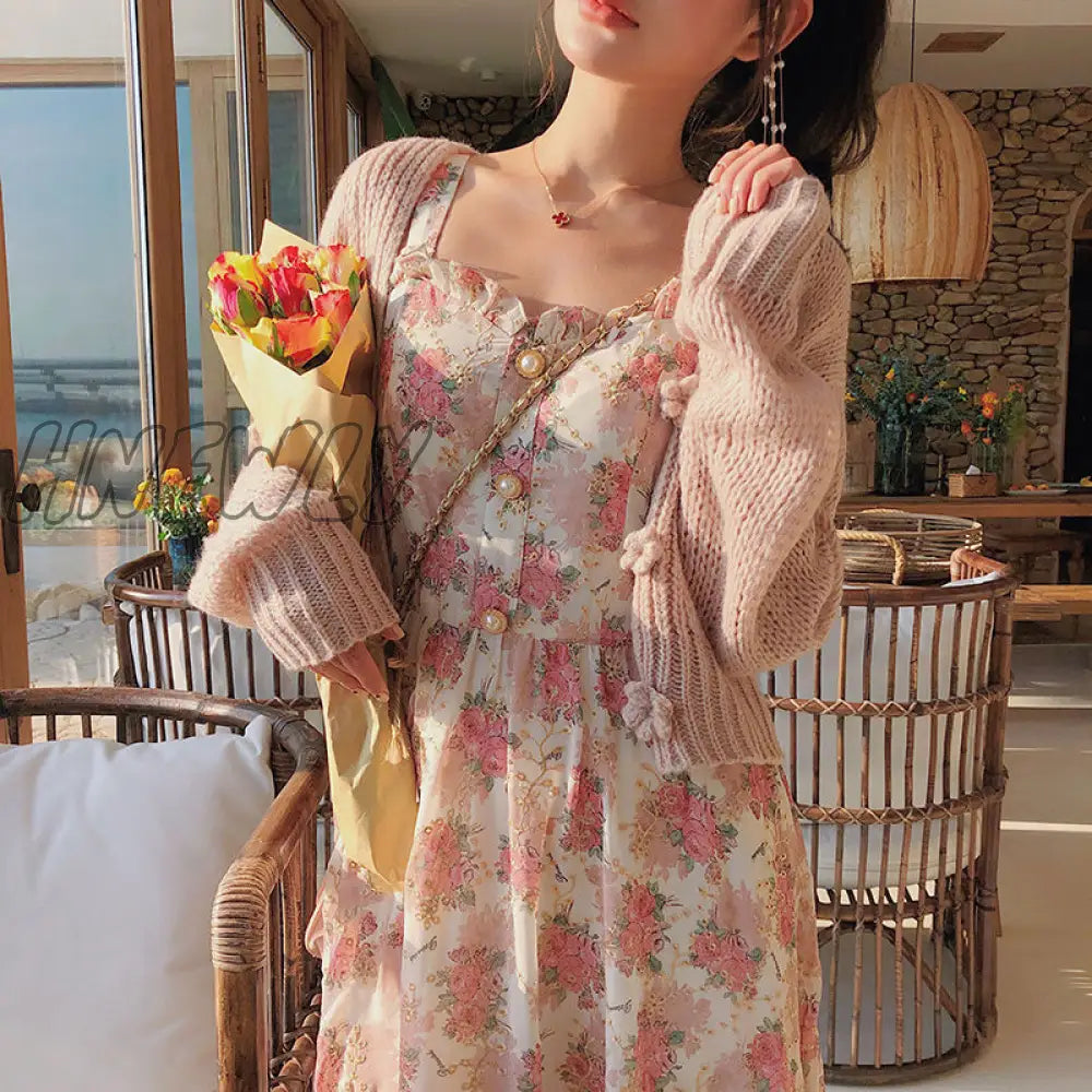 Hnewly Summer French Sweet Fairy Dress Women Elegant Pearl Button Floral Print Ruffles Party Female