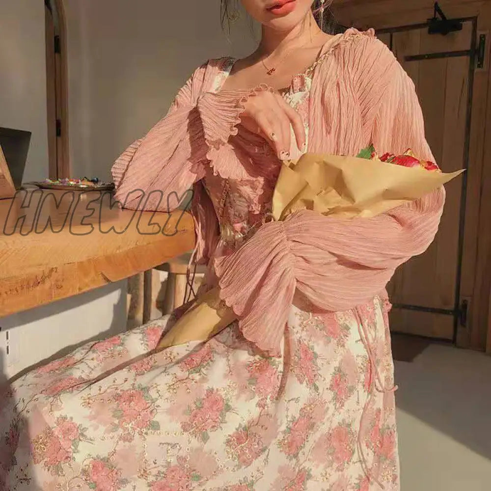 Hnewly Summer French Sweet Fairy Dress Women Elegant Pearl Button Floral Print Ruffles Party Female