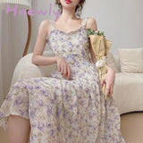 Hnewly Summer French Sweet Fairy Dress Women Elegant Pearl Button Floral Print Ruffles Party Female