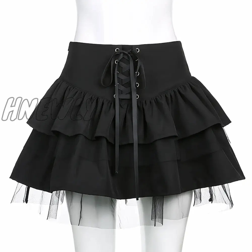Hnewly Summer Gothic Lace Cute High Waist Bandage Sexy Mini Skirt Lolita Ruffles Pleated Japanese
