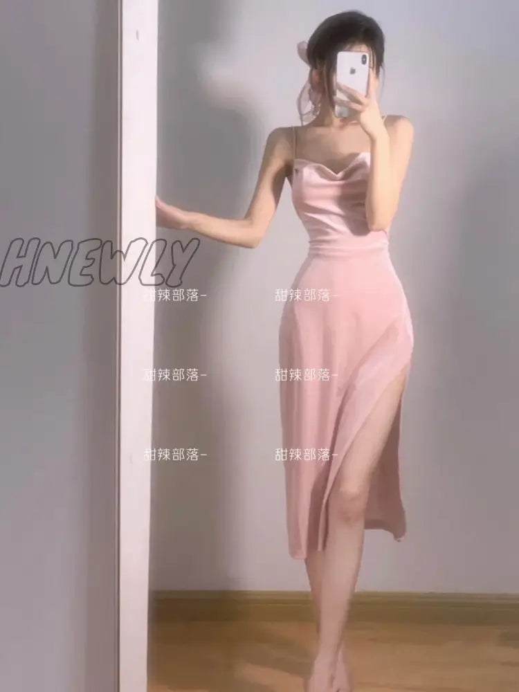 Hnewly Summer Hot Sexy Bright Pink Maxi Dress Long Tank Camisole Robe Low Cut Korean Women Sweet