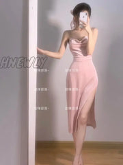 Hnewly Summer Hot Sexy Bright Pink Maxi Dress Long Tank Camisole Robe Low Cut Korean Women Sweet