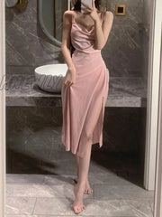 Hnewly Summer Hot Sexy Bright Pink Maxi Dress Long Tank Camisole Robe Low Cut Korean Women Sweet