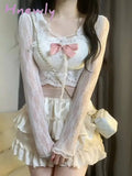 Hnewly Summer Kawaii Clothing Lolita 3 Piece Dress Set Women Causual Y2k Crop Tops Blouse + Corset Vest + Mini Skirts Fashion Suit