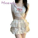 Hnewly Summer Kawaii Clothing Lolita 3 Piece Dress Set Women Causual Y2K Crop Tops Blouse + Corset