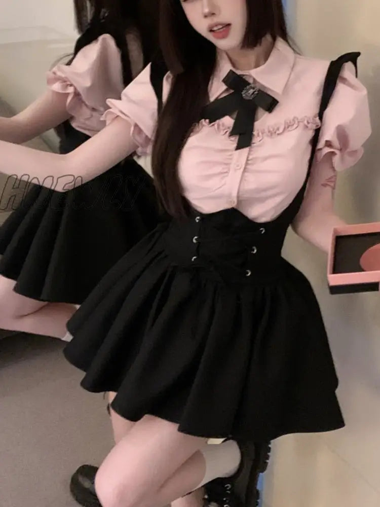 Hnewly Summer Kawaii Sweet Two Piece Set Women Korean Style Y2K Party Skirts Suit Female Pink Puff