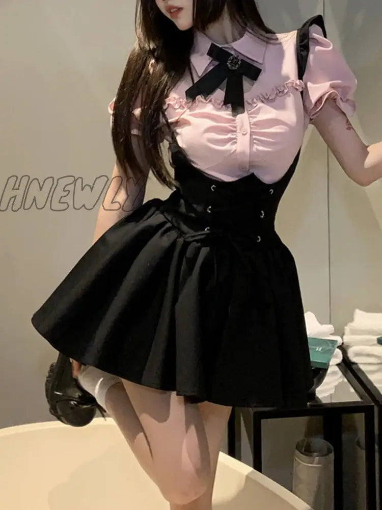 Hnewly Summer Kawaii Sweet Two Piece Set Women Korean Style Y2K Party Skirts Suit Female Pink Puff