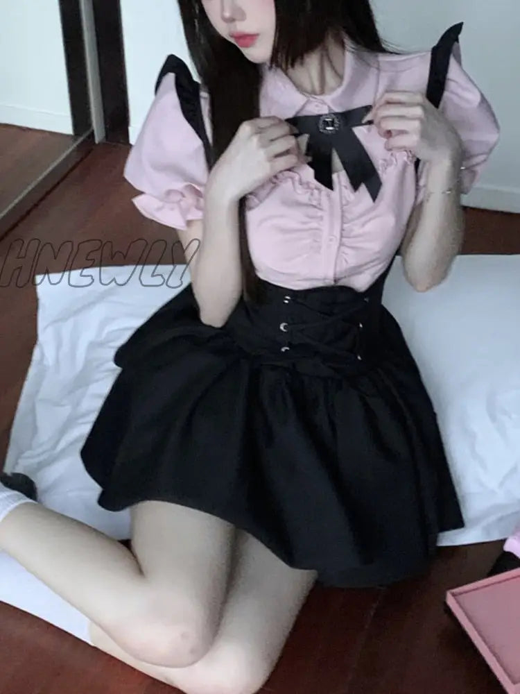 Hnewly Summer Kawaii Sweet Two Piece Set Women Korean Style Y2K Party Skirts Suit Female Pink Puff