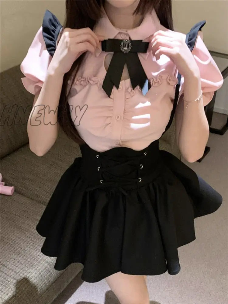 Hnewly Summer Kawaii Sweet Two Piece Set Women Korean Style Y2K Party Skirts Suit Female Pink Puff