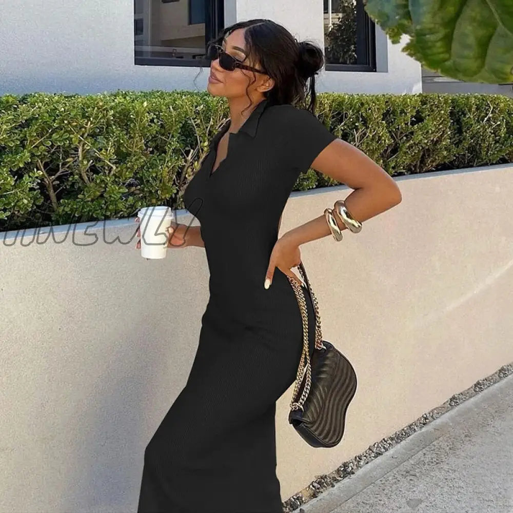 Hnewly Summer Midi Dress Women Black Lapel Knitted Split Robe Sexy Backless Short Sleeve Basic