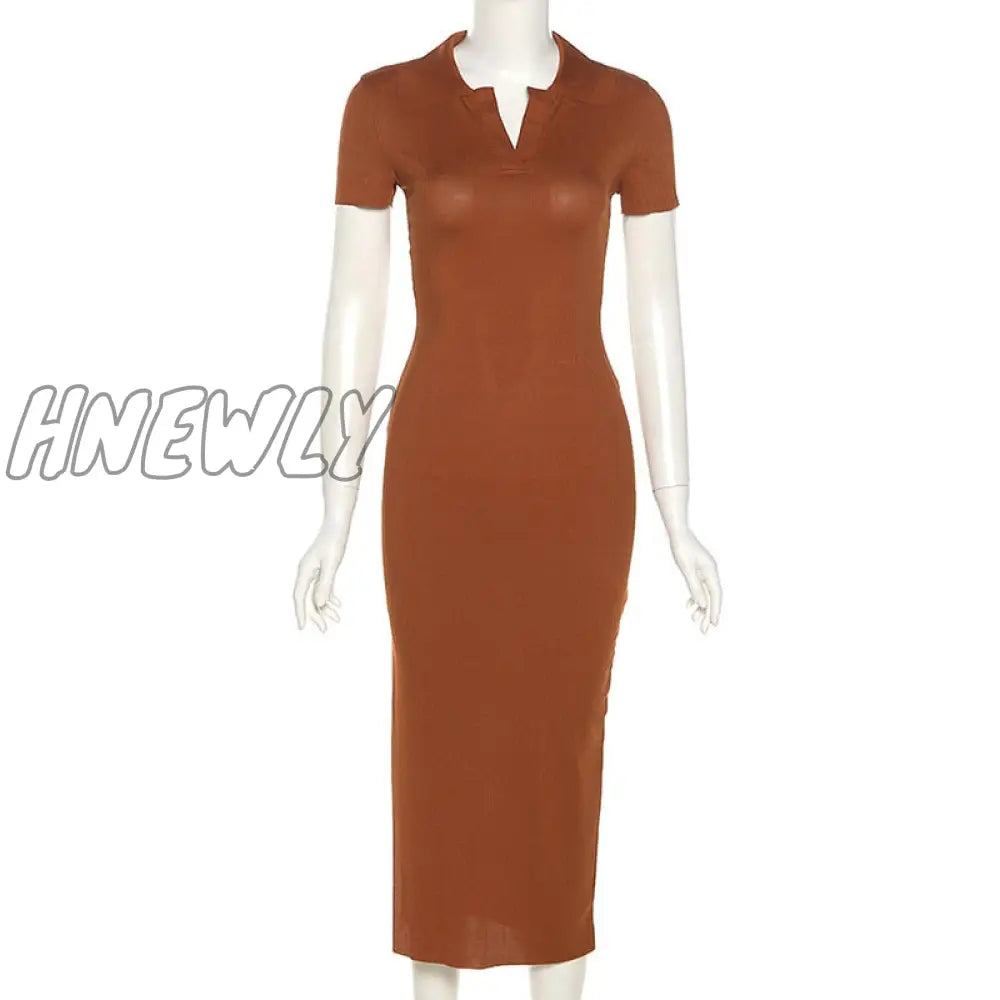 Hnewly Summer Midi Dress Women Black Lapel Knitted Split Robe Sexy Backless Short Sleeve Basic