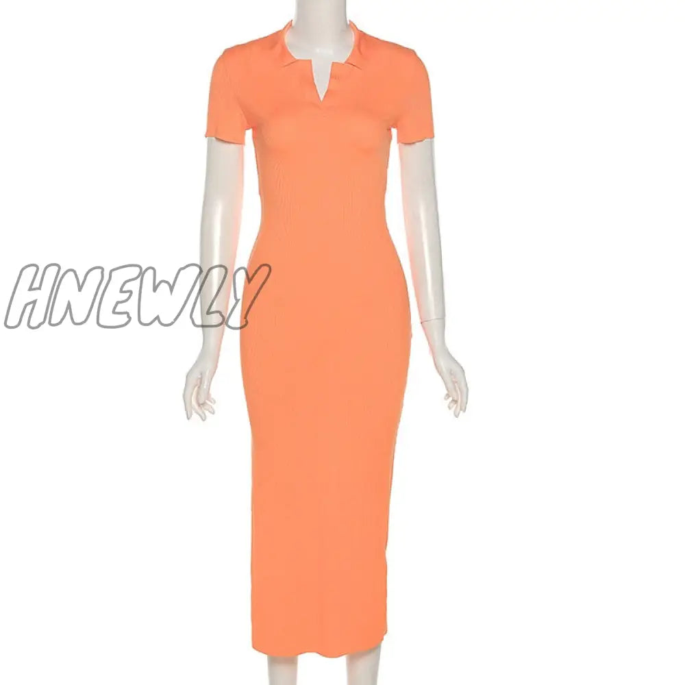 Hnewly Summer Midi Dress Women Black Lapel Knitted Split Robe Sexy Backless Short Sleeve Basic