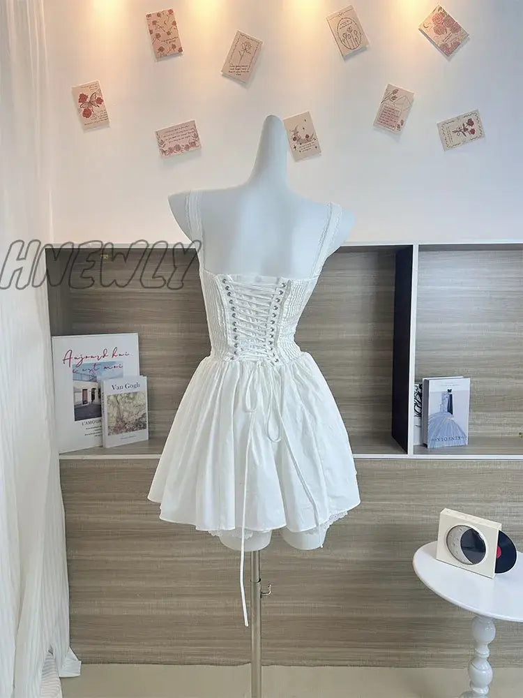 Summer Mori Girl Women Bow A-Line Dress Spaghetti Strap Solid Color Frocks Square Neck Party Tunic