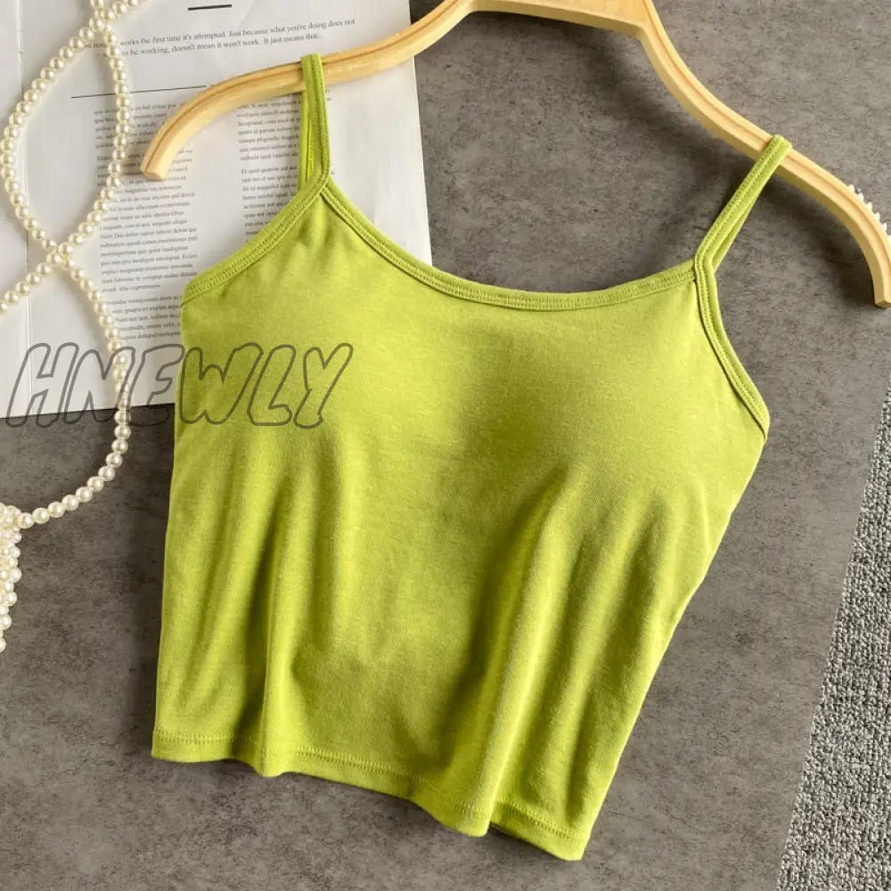 Hnewly Summer New Crop Tops Sexy Spaghetti Strap Tanke Top Women Built In Bra Off Shoulder Solid