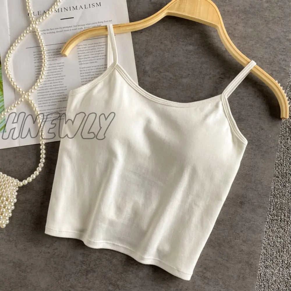 Hnewly Summer New Crop Tops Sexy Spaghetti Strap Tanke Top Women Built In Bra Off Shoulder Solid