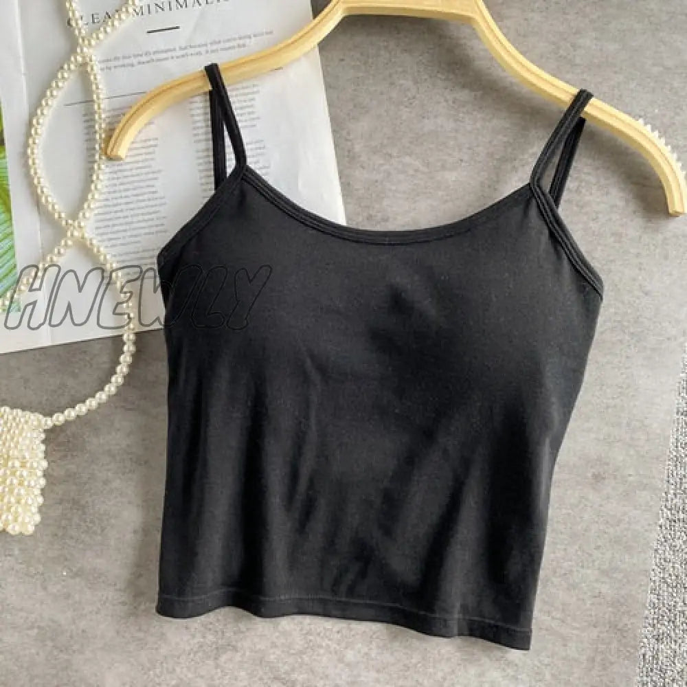 Hnewly Summer New Crop Tops Sexy Spaghetti Strap Tanke Top Women Built In Bra Off Shoulder Solid
