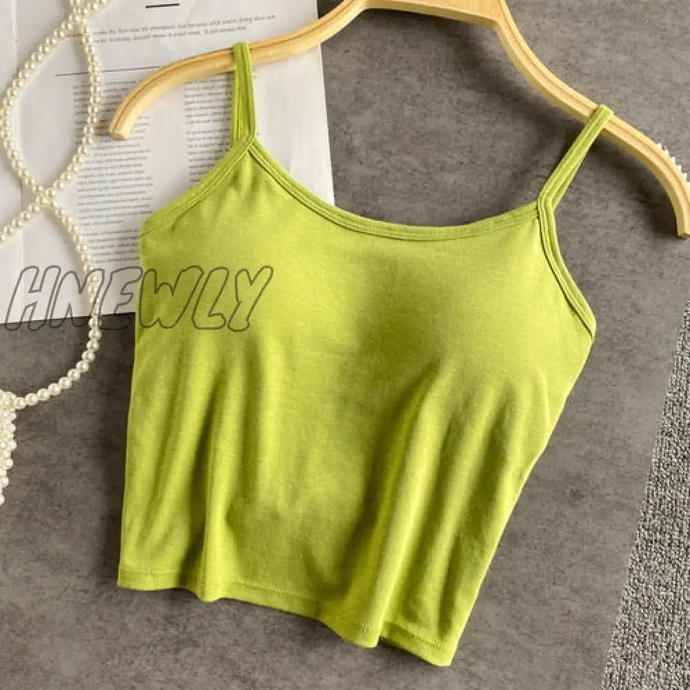 Hnewly Summer New Crop Tops Sexy Spaghetti Strap Tanke Top Women Built In Bra Off Shoulder Solid