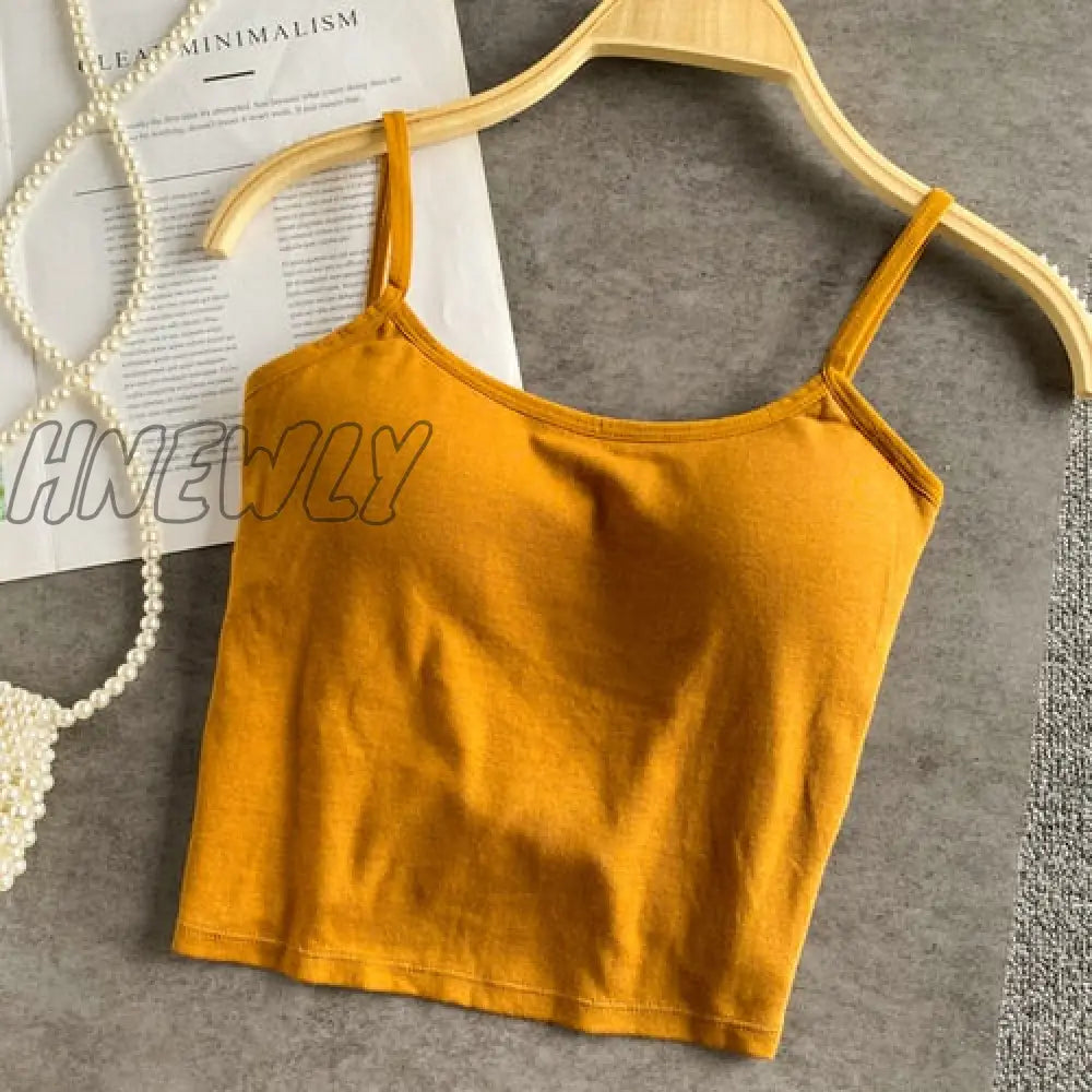 Hnewly Summer New Crop Tops Sexy Spaghetti Strap Tanke Top Women Built In Bra Off Shoulder Solid