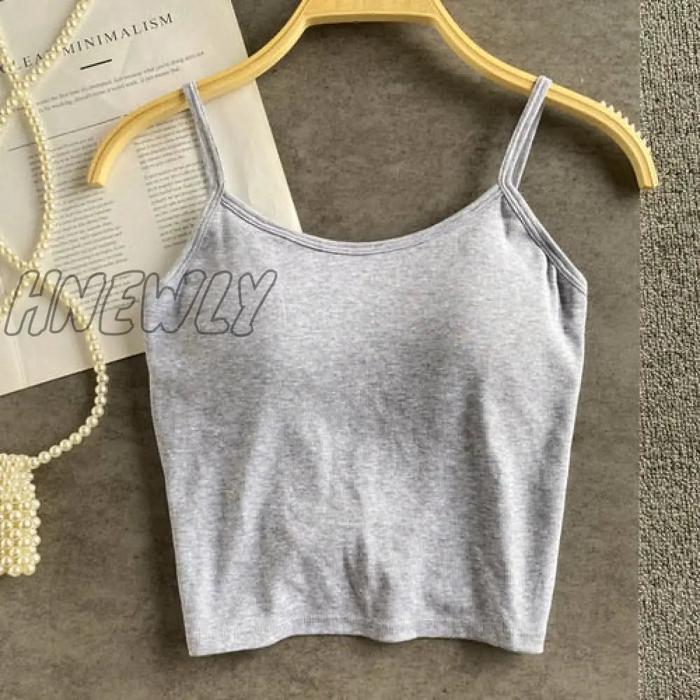 Hnewly Summer New Crop Tops Sexy Spaghetti Strap Tanke Top Women Built In Bra Off Shoulder Solid