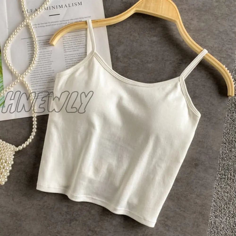Hnewly Summer New Crop Tops Sexy Spaghetti Strap Tanke Top Women Built In Bra Off Shoulder Solid