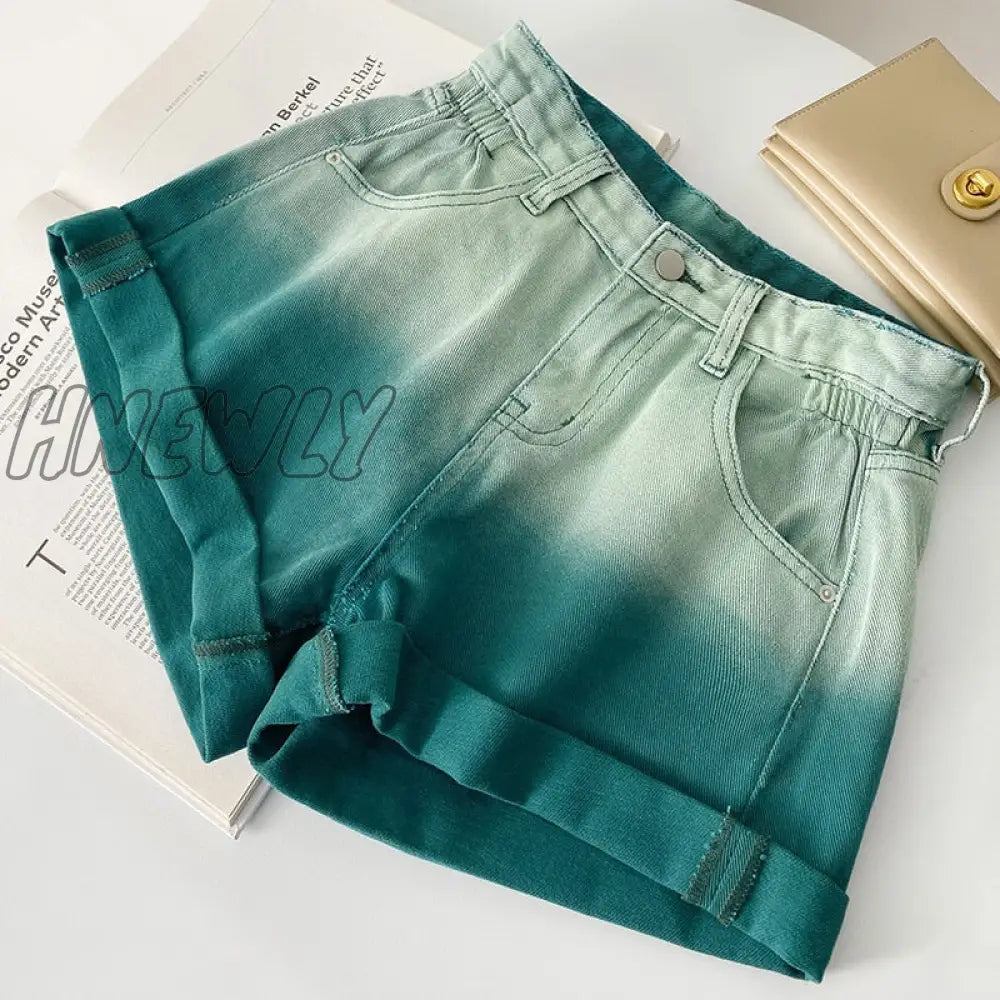 Hnewly Summer New Denim Shorts Women’s High Waist A-Line Version Slimming Gradual Color Changing