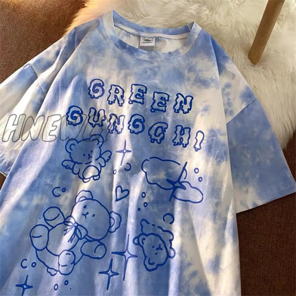 Hnewly Summer New Japanese Printing Cloud Moon Bear Letter Short-Sleeved T-Shirt Female Ins