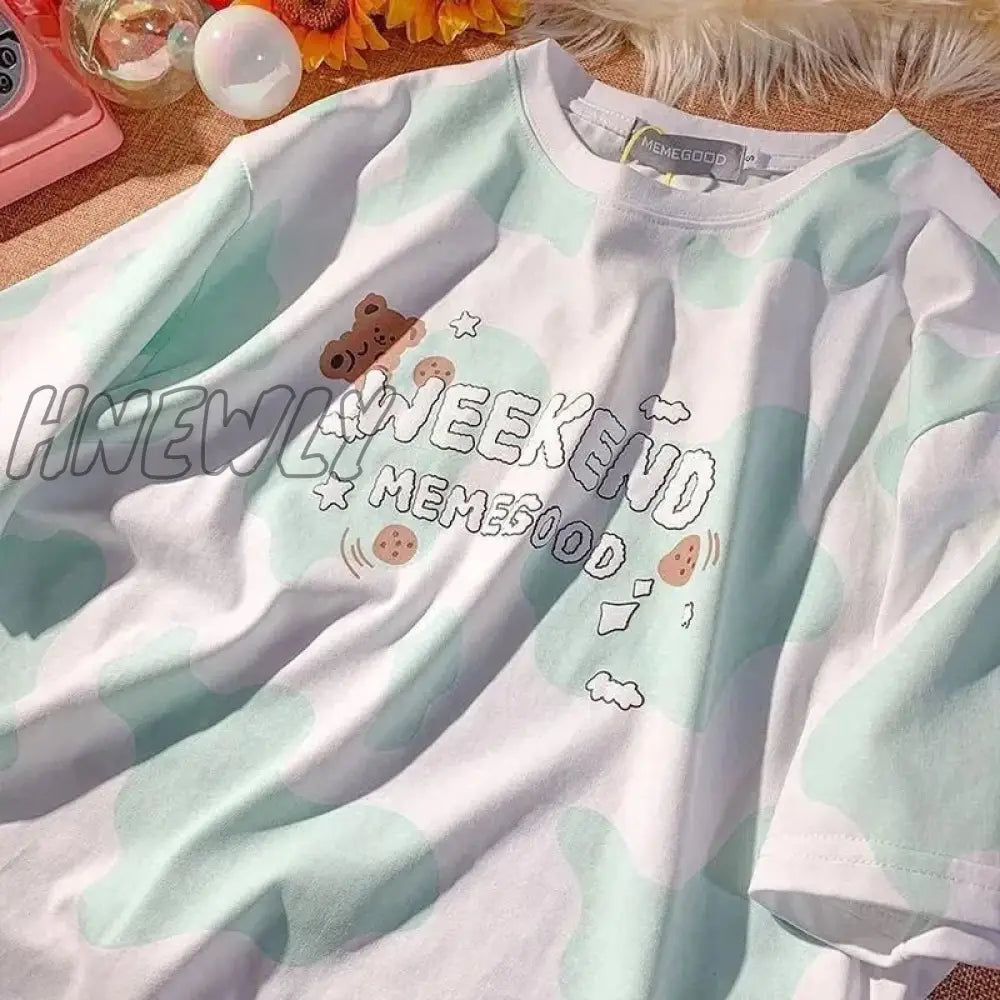 Hnewly Summer New Japanese Printing Cloud Moon Bear Letter Short-Sleeved T-Shirt Female Ins