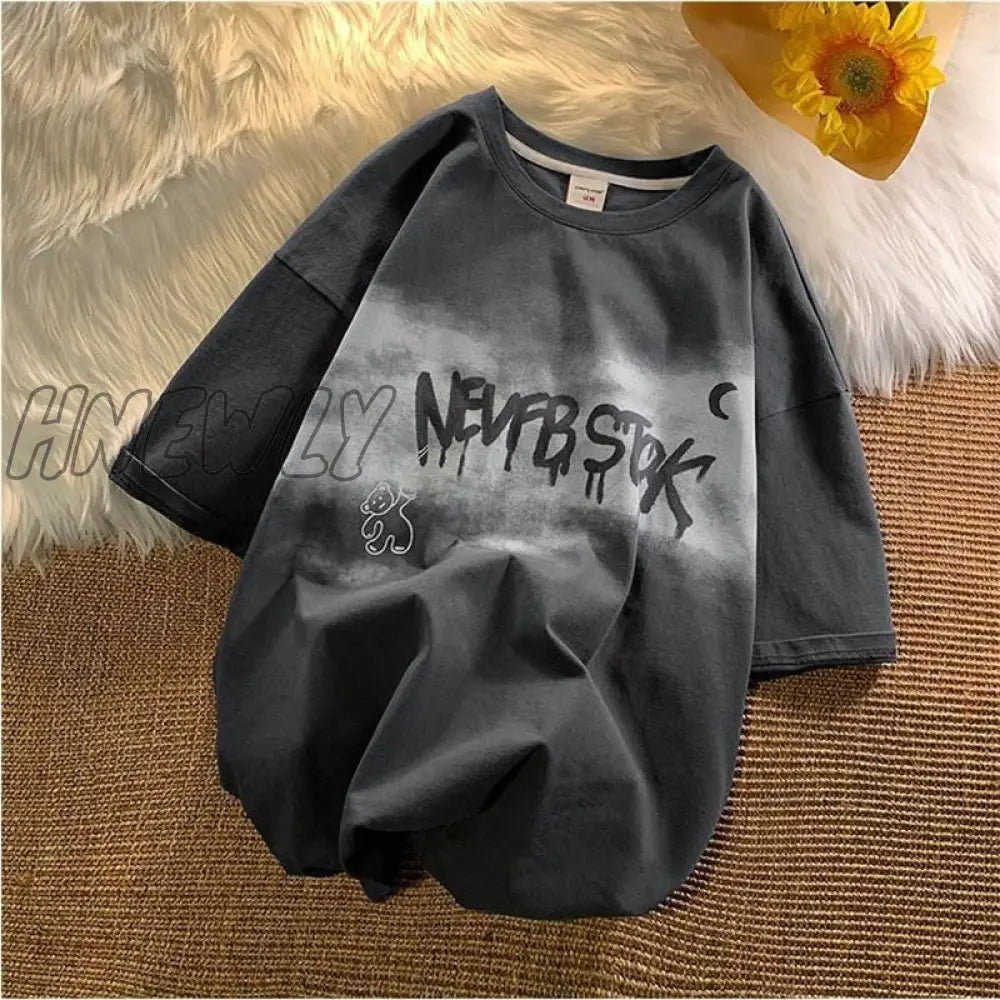 Hnewly Summer New Japanese Printing Cloud Moon Bear Letter Short-Sleeved T-Shirt Female Ins
