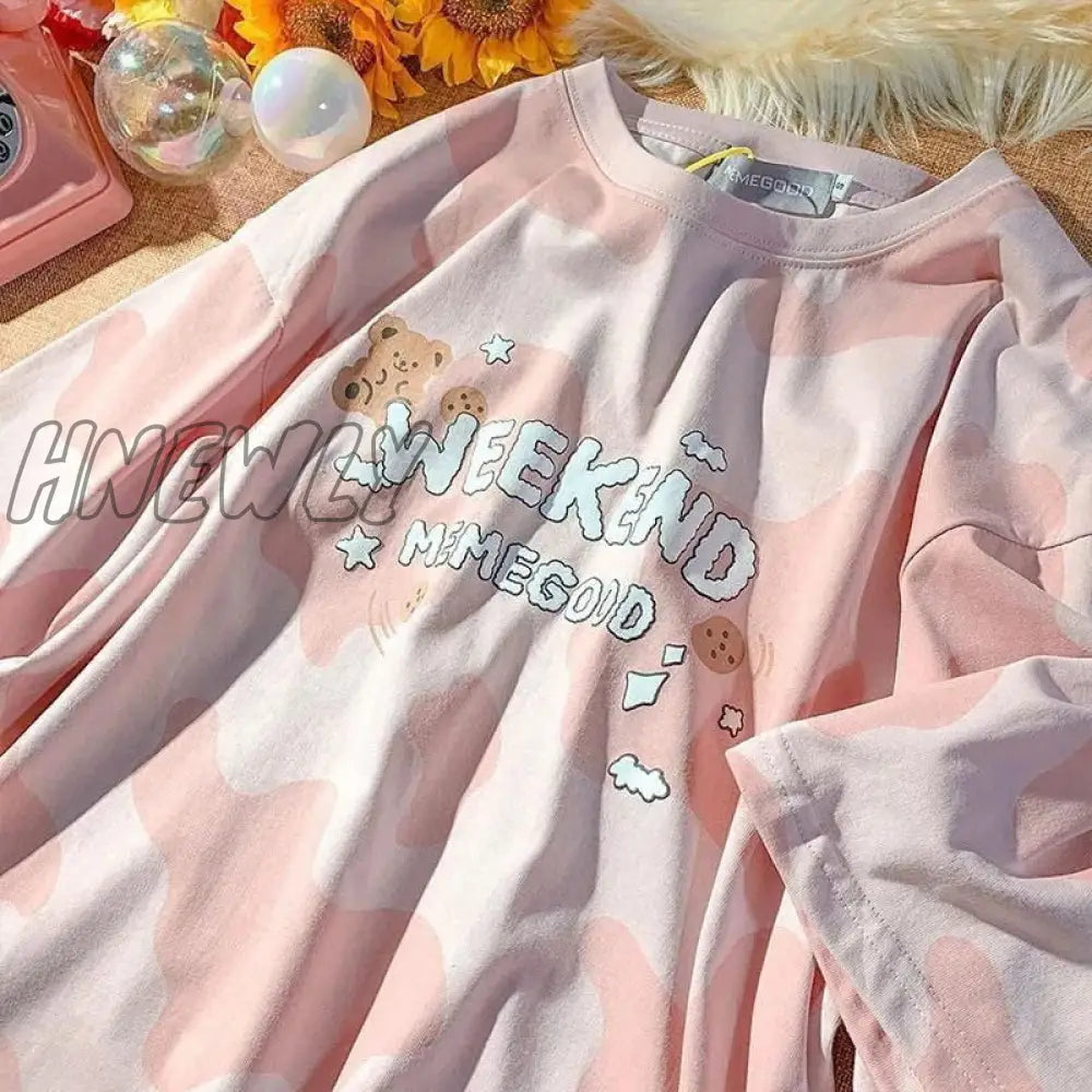 Hnewly Summer New Japanese Printing Cloud Moon Bear Letter Short-Sleeved T-Shirt Female Ins