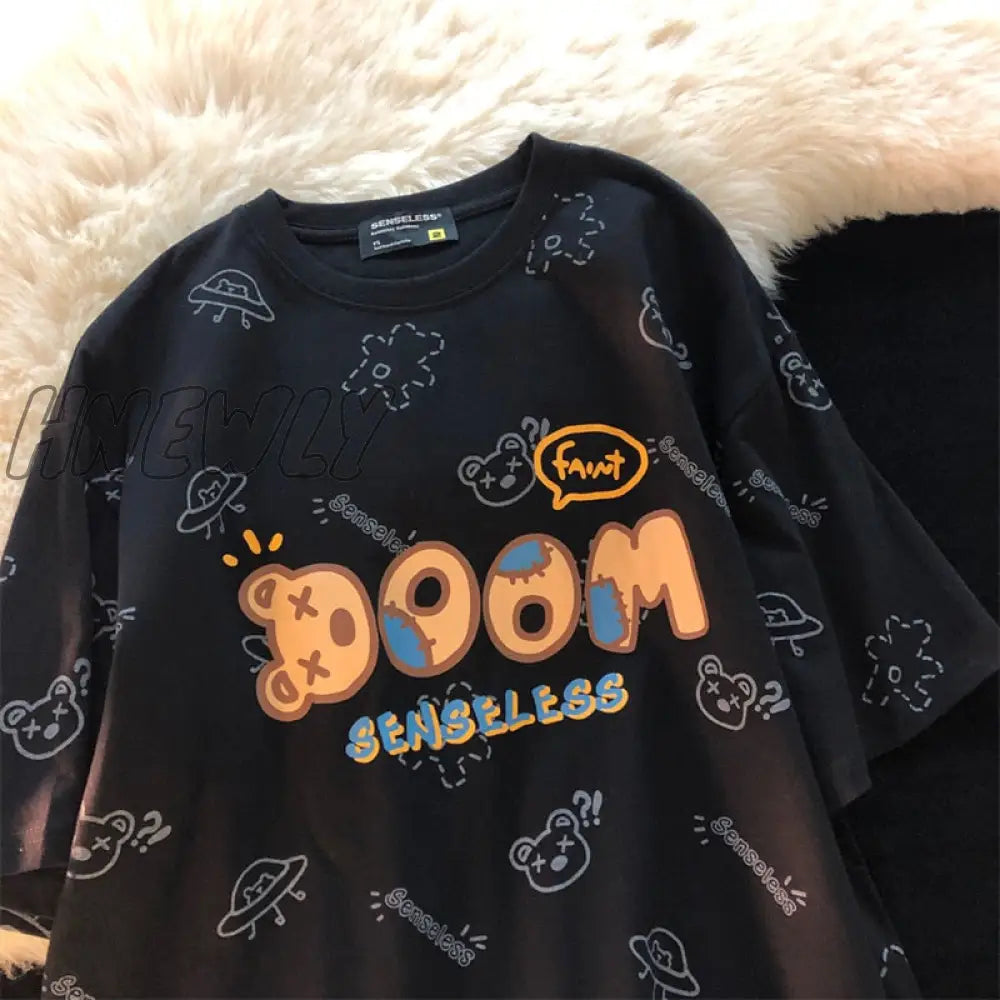 Hnewly Summer New Japanese Printing Cloud Moon Bear Letter Short-Sleeved T-Shirt Female Ins