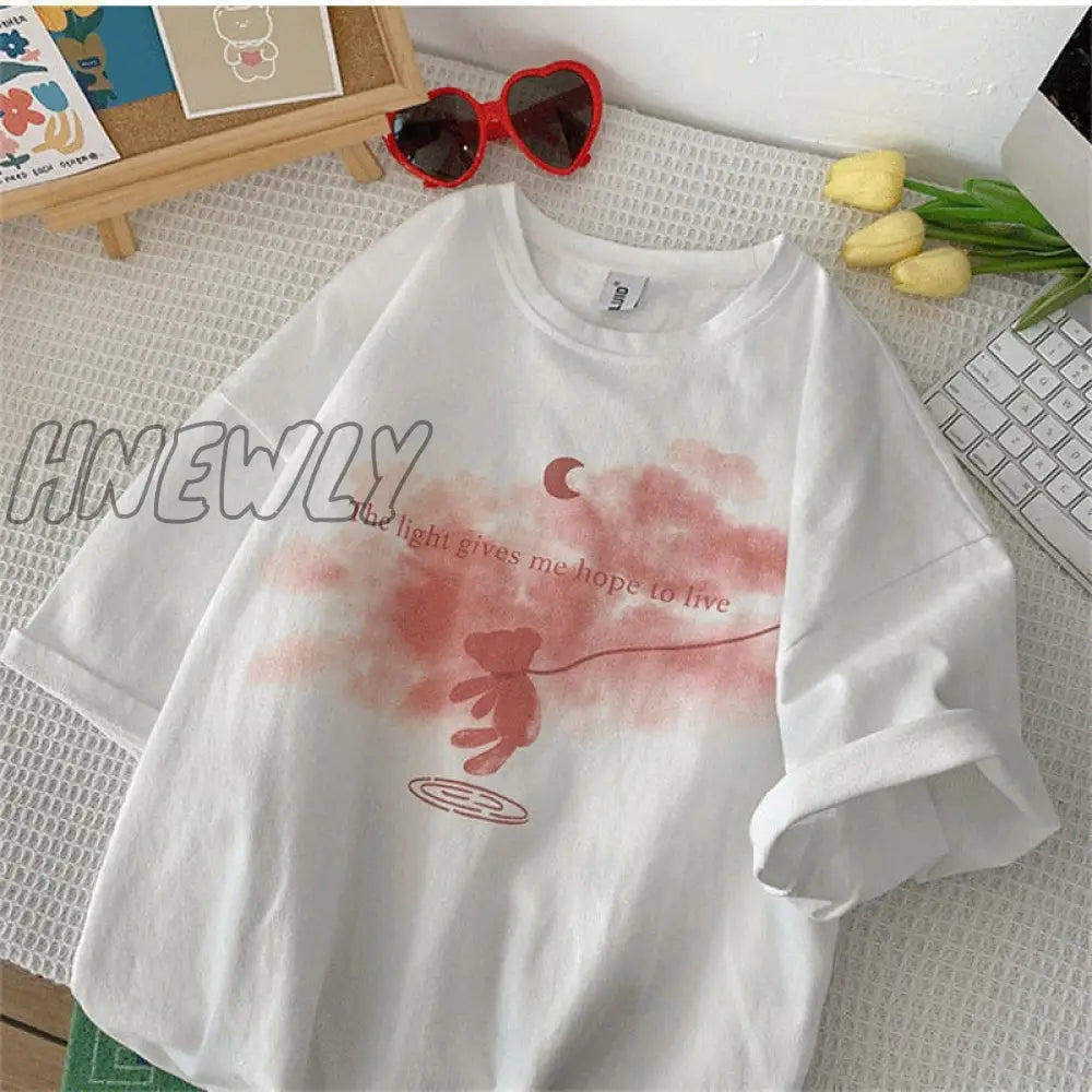 Hnewly Summer New Japanese Printing Cloud Moon Bear Letter Short-Sleeved T-Shirt Female Ins