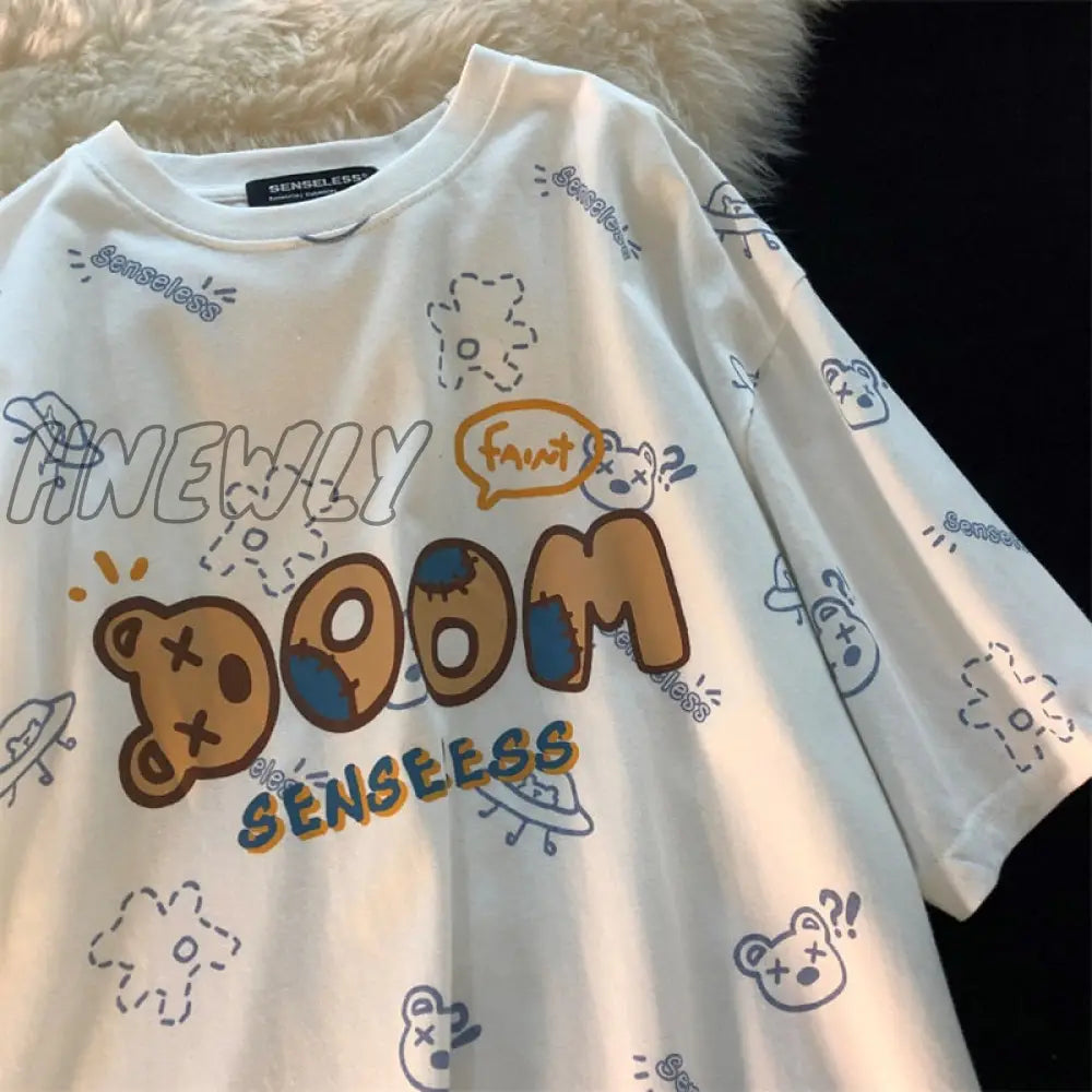 Hnewly Summer New Japanese Printing Cloud Moon Bear Letter Short-Sleeved T-Shirt Female Ins