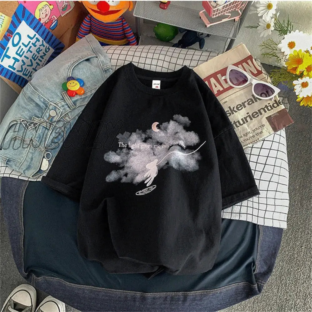 Hnewly Summer New Japanese Printing Cloud Moon Bear Letter Short-Sleeved T-Shirt Female Ins