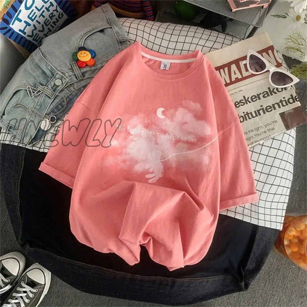 Hnewly Summer New Japanese Printing Cloud Moon Bear Letter Short-Sleeved T-Shirt Female Ins