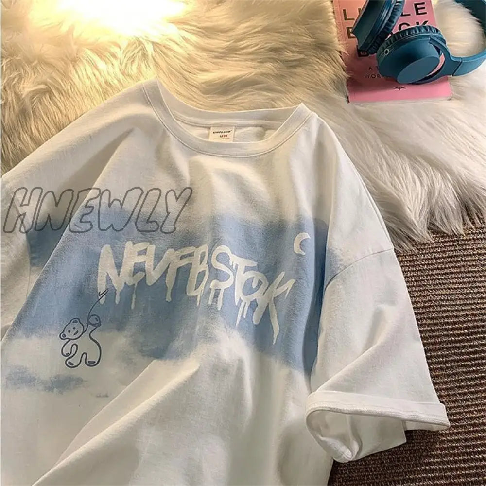 Hnewly Summer New Japanese Printing Cloud Moon Bear Letter Short-Sleeved T-Shirt Female Ins