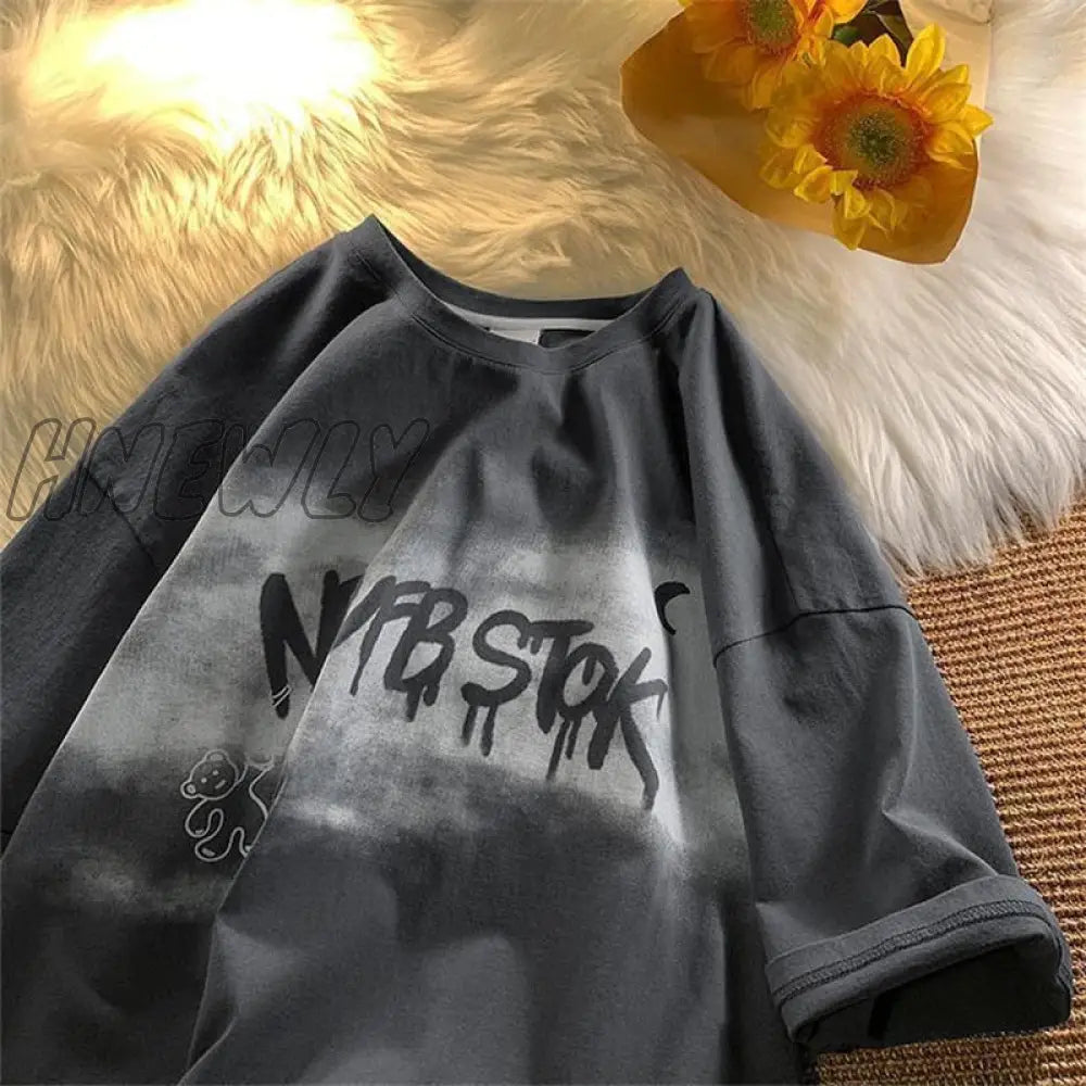 Hnewly Summer New Japanese Printing Cloud Moon Bear Letter Short-Sleeved T-Shirt Female Ins