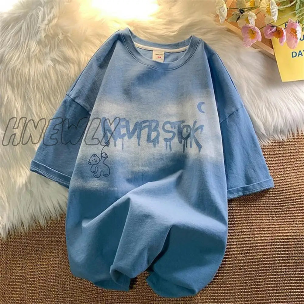 Hnewly Summer New Japanese Printing Cloud Moon Bear Letter Short-Sleeved T-Shirt Female Ins