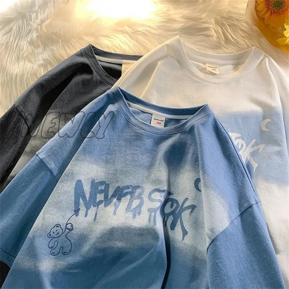 Hnewly Summer New Japanese Printing Cloud Moon Bear Letter Short-Sleeved T-Shirt Female Ins