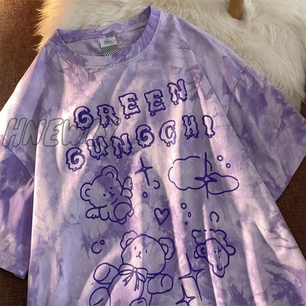 Hnewly Summer New Japanese Printing Cloud Moon Bear Letter Short-Sleeved T-Shirt Female Ins