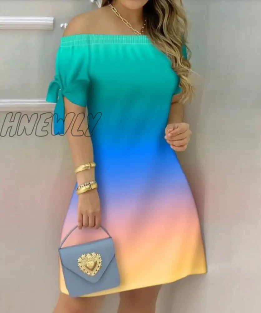 Hnewly Summer Off Shoulder Dress Women Fashion Striped Print Slash Neck Short Sleeve Bow Tie Mini