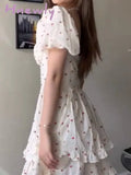 Hnewly Summer Sexy Corset Style Fruit Cherry Print Mini Dress White Retro Women Slim Waist Ruffles